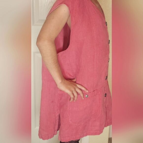 NU Construction XL PinkRedish Slvlss 100% LINEN Pockets Buttons Up Women Tunick - Picture 2 of 9